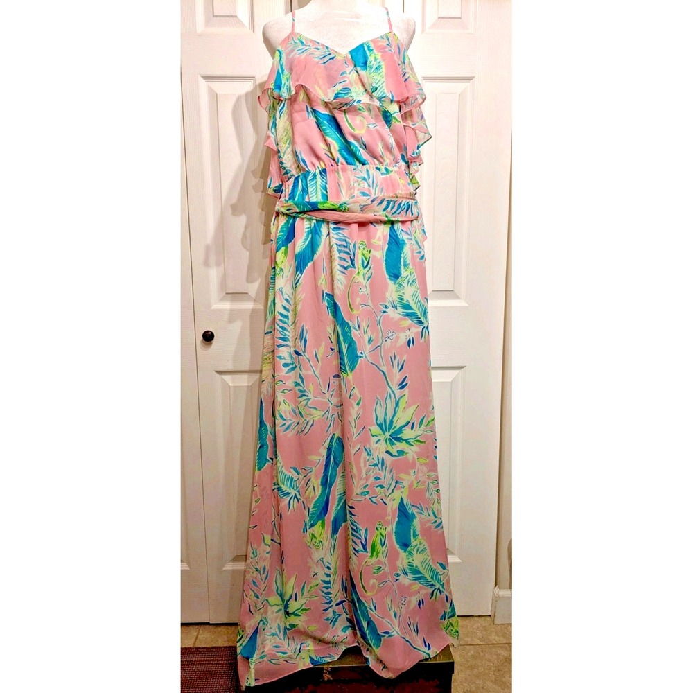 Lilly Pulitzer Dress Womens Medium Pink Blue Zadie Maxi Floral Ruffle Belted NWT